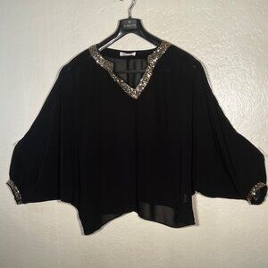 Umgee S Black Batwing Gold Sequin  Top USA Sheer Layering Fairy Goth Whimsical